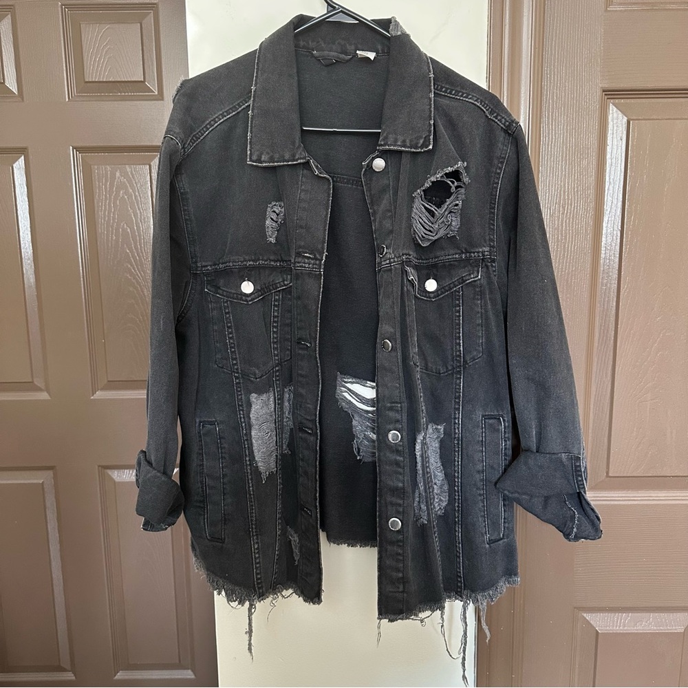 H&M Black Distressed Denim Jacket